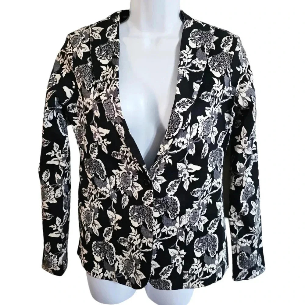 All About You Womens Small Floral Blazer Black White Cotton Boho Minimalist - Picture 2 of 7